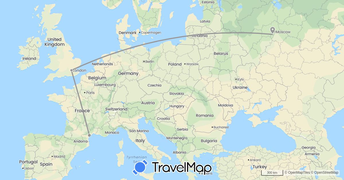 TravelMap itinerary: driving, plane in France, United Kingdom, Russia (Europe)